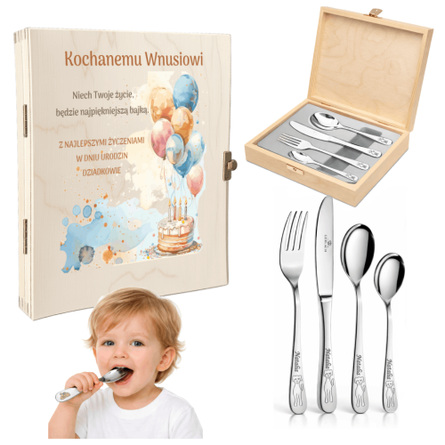 Sztućce dla dzieci Gerlach z grawerem w drewnianym etui z nadrukiem dla chłopca na chrzest