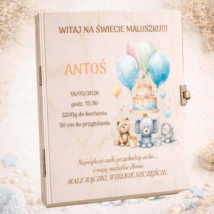 Pudełko z nadrukiem na narodziny dziecka metryczka