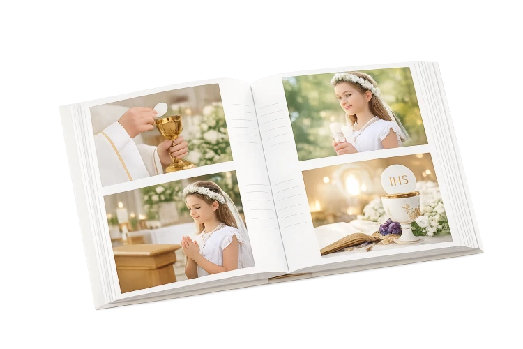 Wnętrze albumu ze zdjęciami komunijnymi