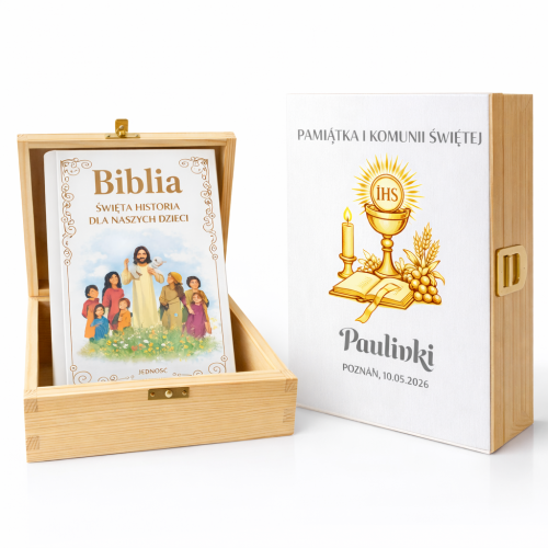 Biblia w pudelku z nadrukiem I Komunia Święta