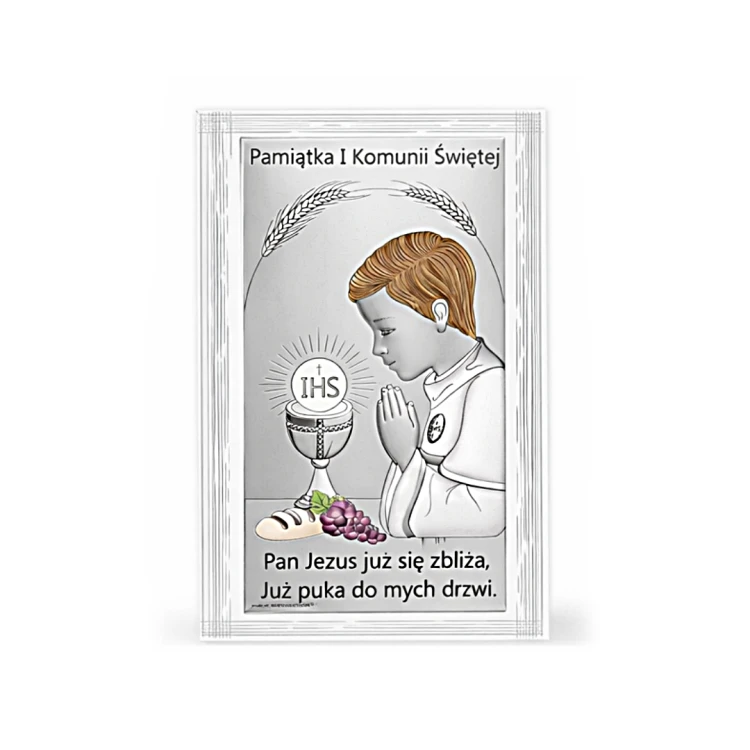 Srebrny obrazek Pamiątka I Komunii Świętej z modlącym się chłopcem, hostią IHS i cytatem