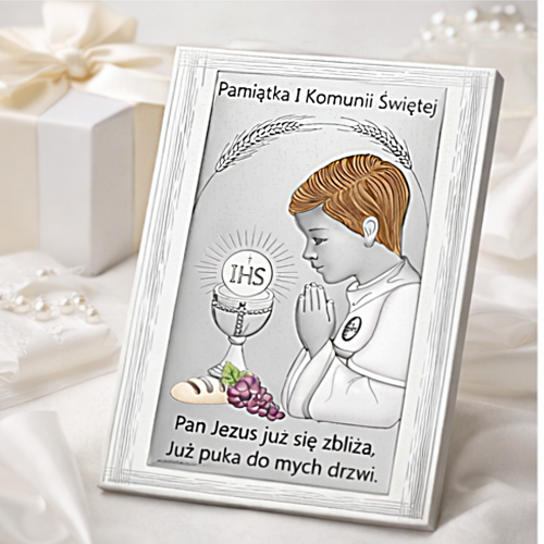 Pamiątka I Komunii Świętej dla chłopca w ramce z motywem hostii, chleba i winogron
