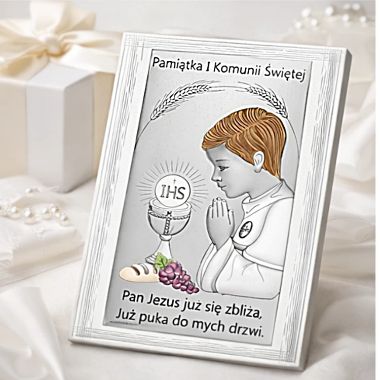 Pamiątka I Komunii Świętej dla chłopca w ramce z motywem hostii, chleba i winogron
