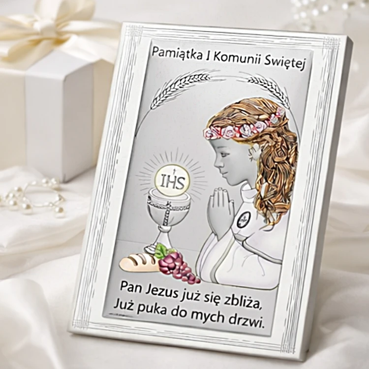 Pamiątka I Komunii Świętej dla dziewczynki w ramce z motywem hostii, chleba i winogron