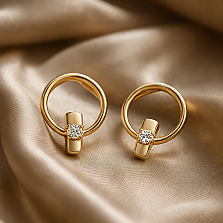 Złote kolczyki sztyfty w nowoczesnym okrągłym kształcie z cyrkonią na satynowym tle