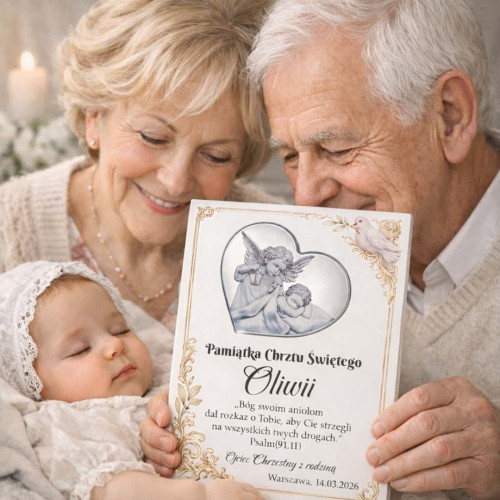 Dziadkowie z niemowlęciem trzymają personalizowaną pamiątkę Chrztu Świętego Oliwii z aniołem