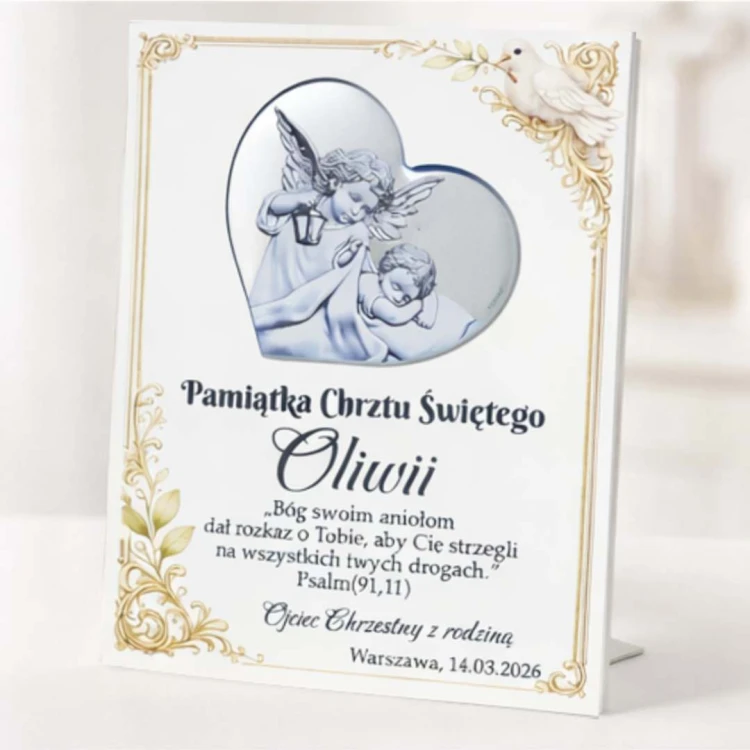 Personalizowana pamiątka Chrztu Świętego Oliwii na stojaku z motywem anioła i gołębicy