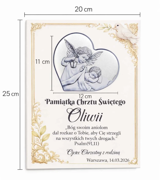Personalizowana pamiątka Chrztu Świętego Oliwii z wymiarami 20 x 25 cm oraz srebrnym sercem z aniołem