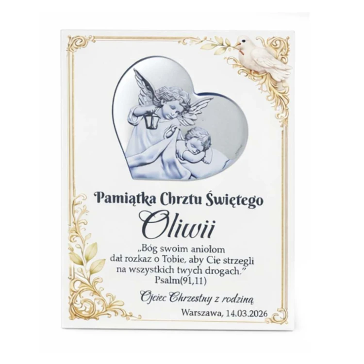 Personalizowana pamiątka Chrztu Świętego Oliwii z motywem srebrnego anioła i gołębicy na białym tle