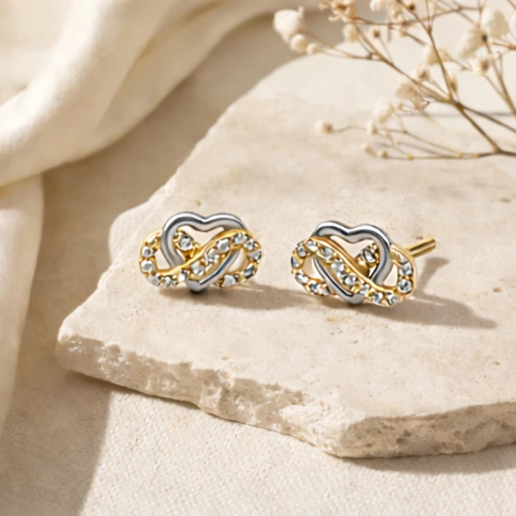 Para dwukolorowych kolczyków z sercem, nieskończonością i cyrkoniami