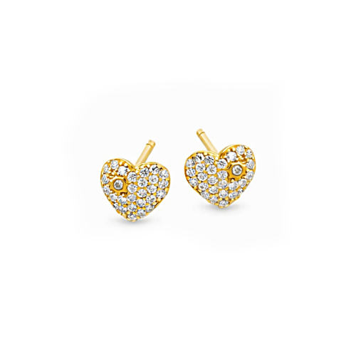 Złote kolczyki serca z gęsto oprawionymi cyrkoniami