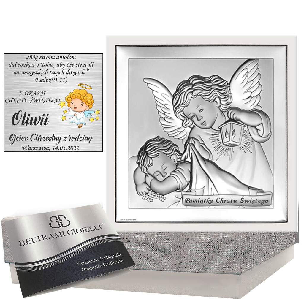 Srebrny obrazek na Chrzest 14 × 14 cm – Anioł Stróż z latarenką