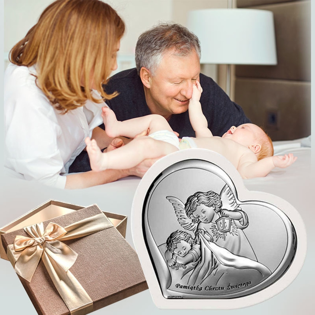 Obrazek na Chrzest – serce z Aniołem Stróżem Beltrami 18×16 cm