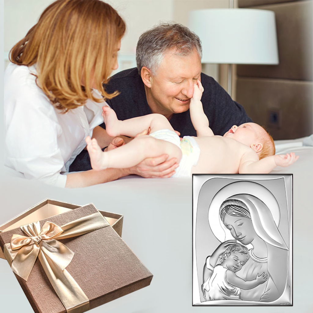 Srebrny obrazek Matki Boskiej z Jezusem – idealny prezent na Chrzest Święty i Pierwsze Urodziny!