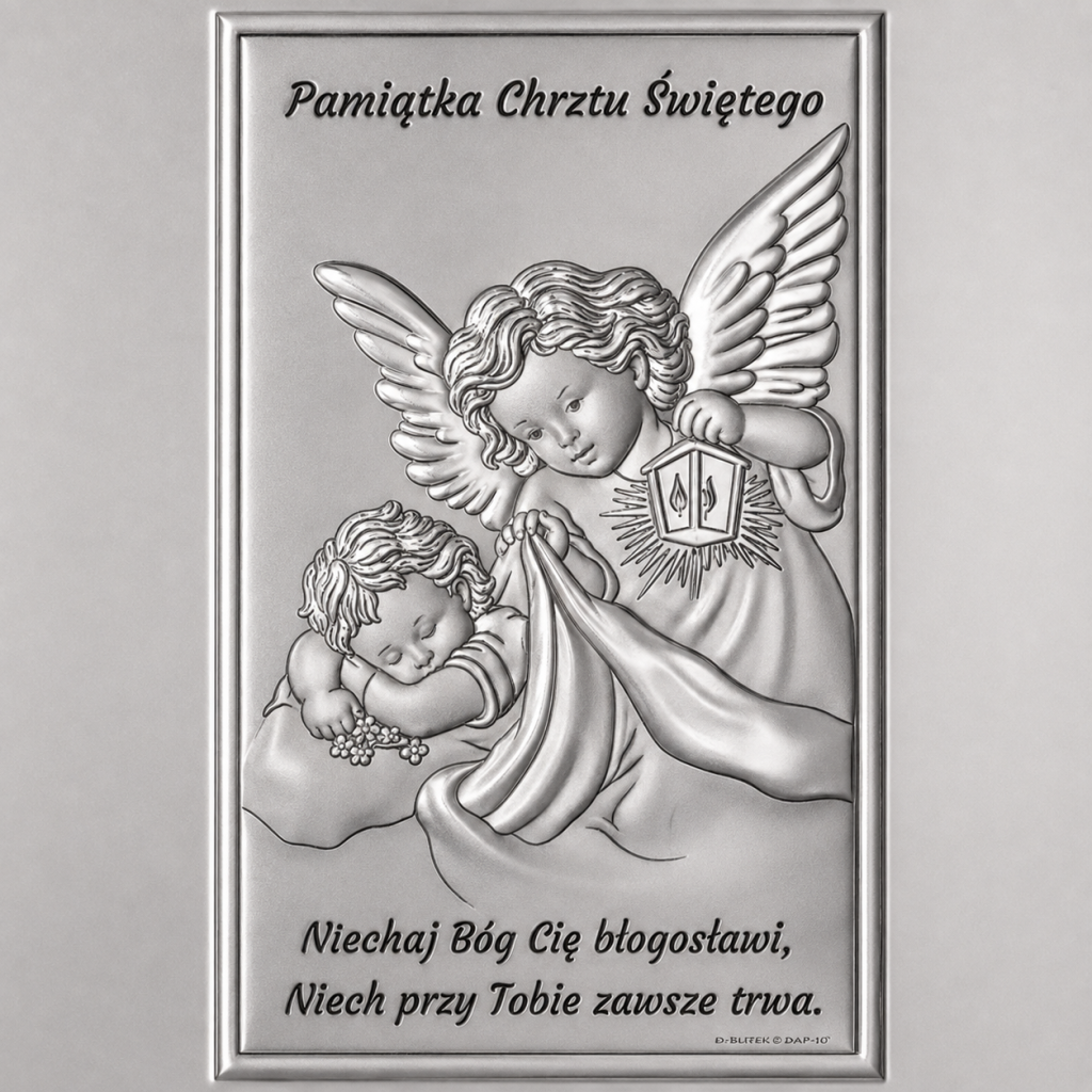 Srebrny obrazek na Chrzest z Aniołem Stróżem Beltrami 9,5×13 cm
