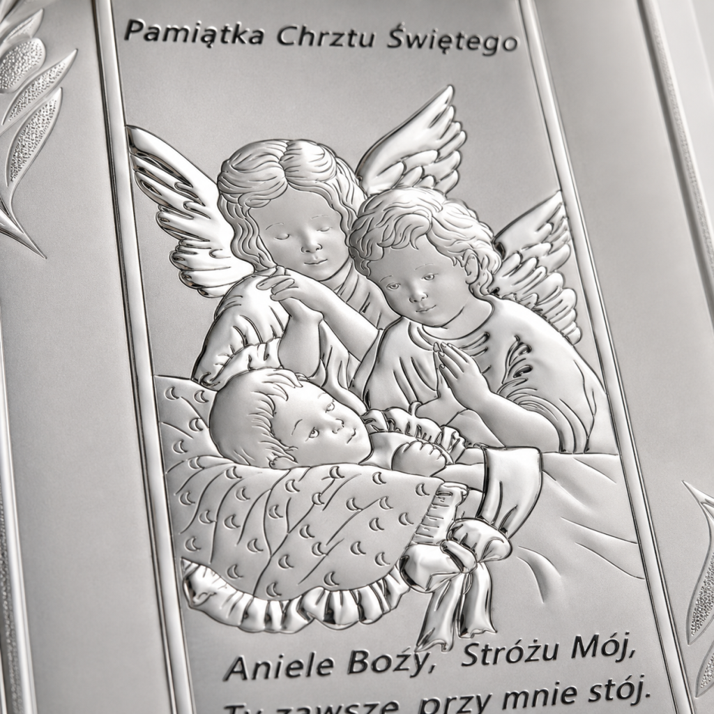 Srebrny obrazek na Chrzest – Anioł Stróż z dzieckiem Beltrami 9,5×13 cm