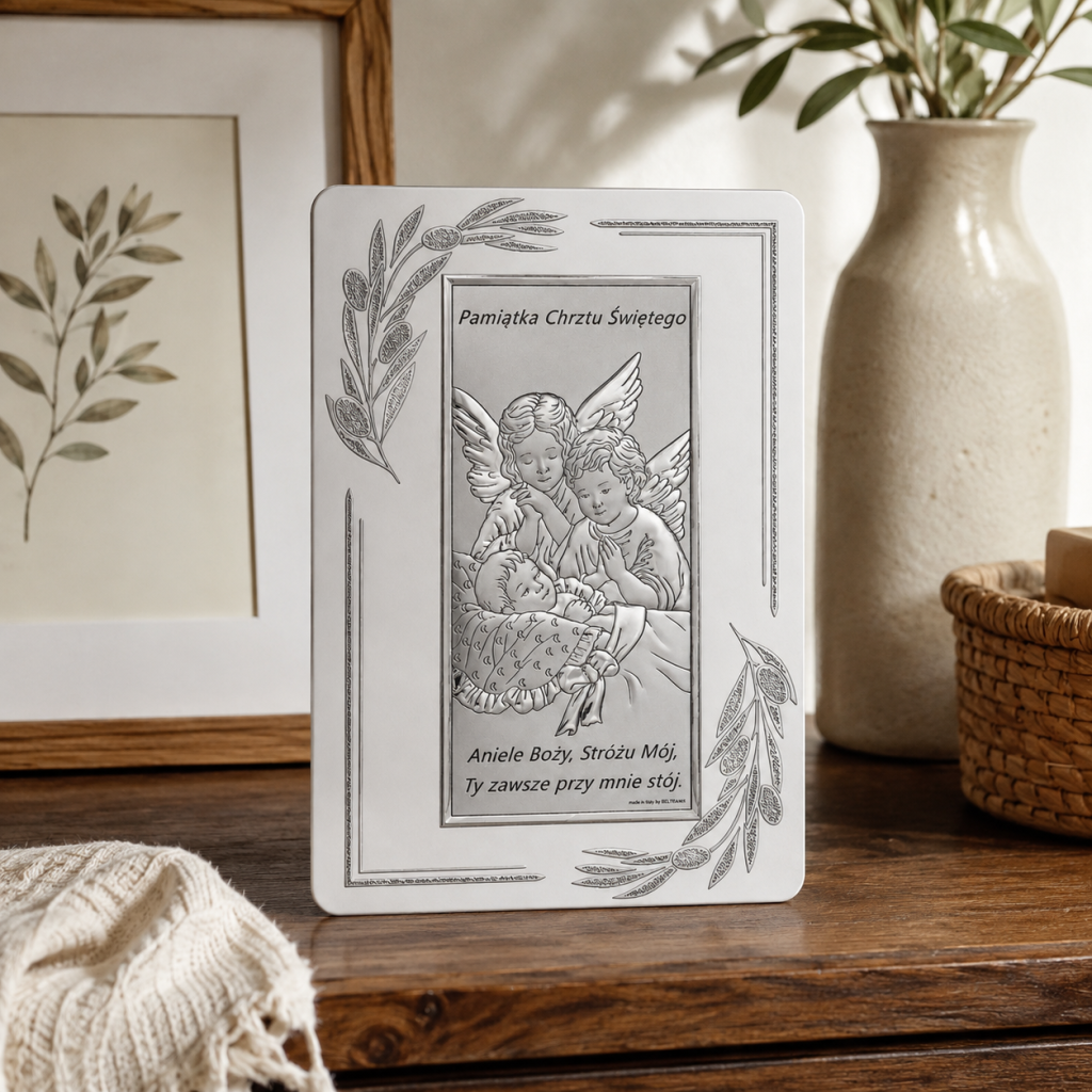 Srebrny obrazek na Chrzest – Anioł Stróż z dzieckiem Beltrami 9,5×13 cm