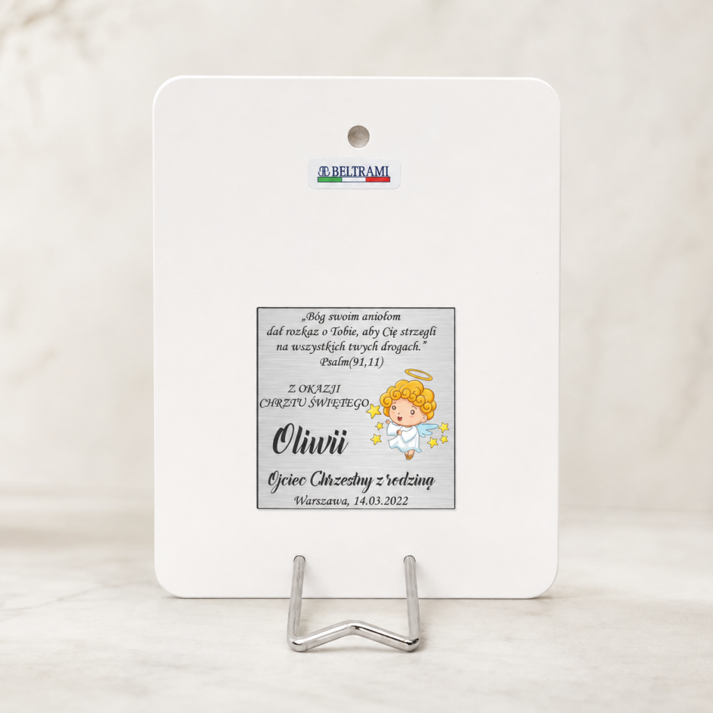 Srebrny obrazek na Chrzest – Anioł Stróż z dzieckiem Beltrami 9,5×13 cm