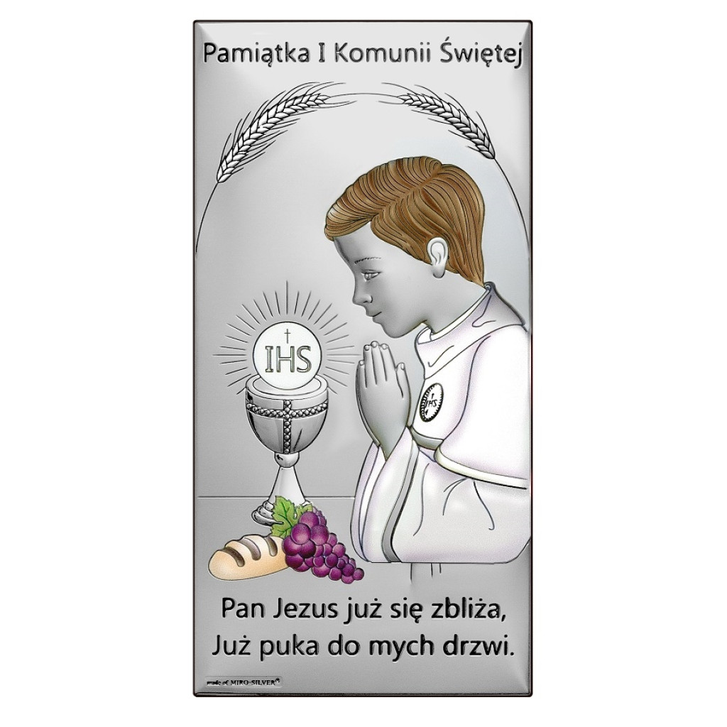 SREBRNY OBRAZEK Z CHŁOPCZYKIEM PAMIĄTKA PIERWSZEJ KOMUNII ŚWIĘTEJ +GRAWER