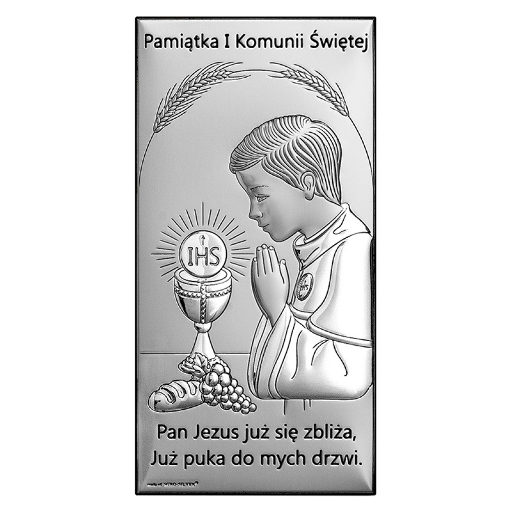 SREBRNY OBRAZEK Z CHŁOPCZYKIEM PAMIĄTKA PIERWSZEJ KOMUNII ŚWIĘTEJ +GRAWER