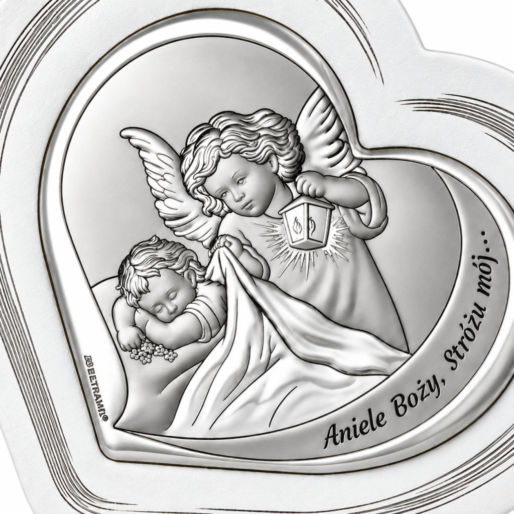 Pamiątka Chrztu 11,4 × 10,6 cm – Srebrne serce „Aniele Boży, Stróżu mój”