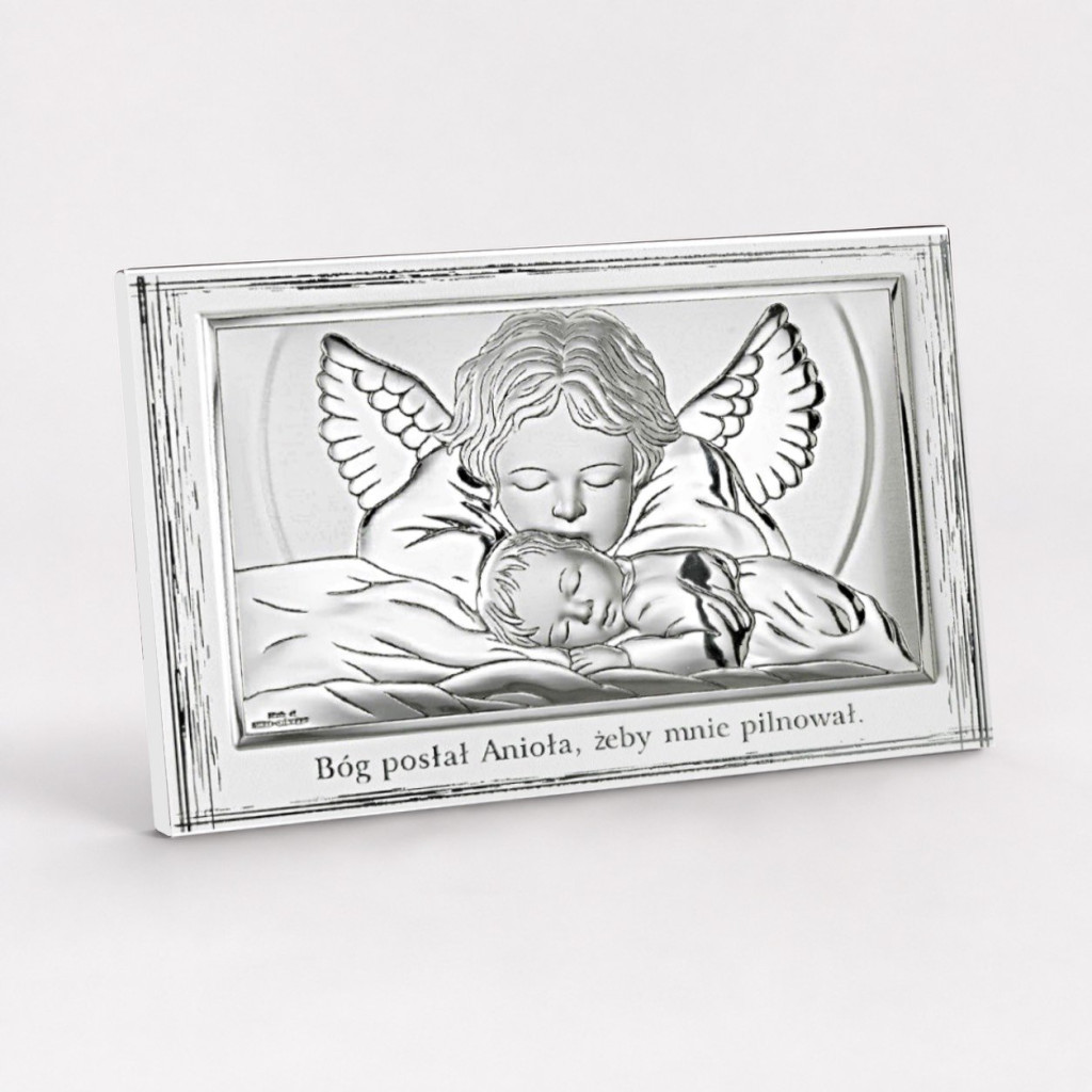 Srebrny obrazek Anioł Stróż z dzieckiem na Chrzest 17,5×11,5 cm