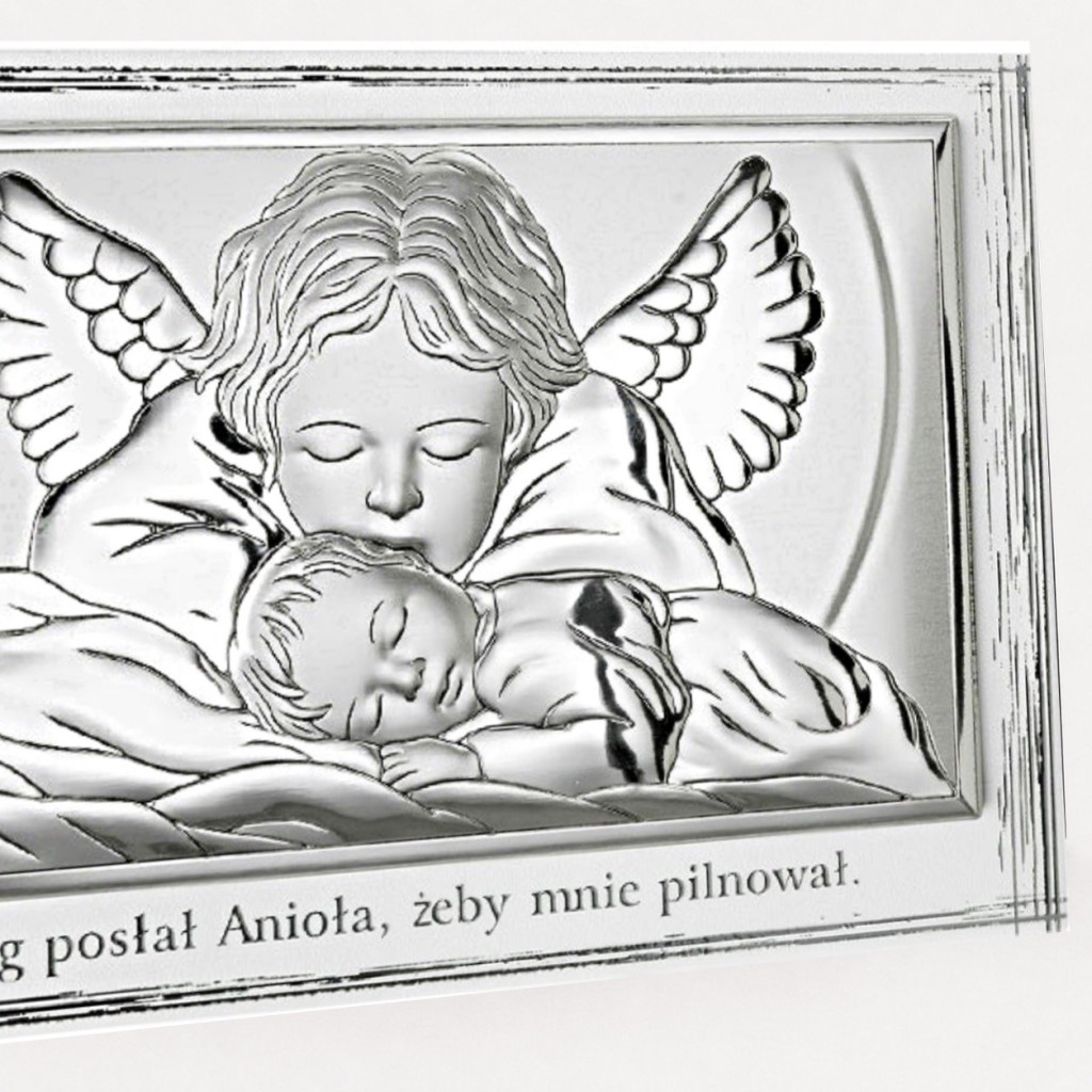 Srebrny obrazek Anioł Stróż z dzieckiem na Chrzest 17,5×11,5 cm