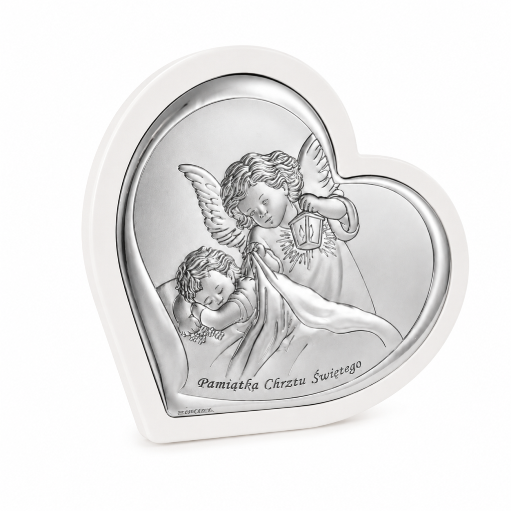 Obrazek na Chrzest – serce z Aniołem Stróżem Beltrami 13×12 cm