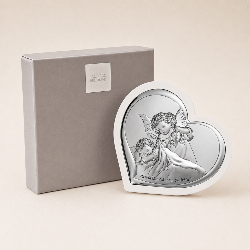 Obrazek na Chrzest – serce z Aniołem Stróżem Beltrami 13×12 cm