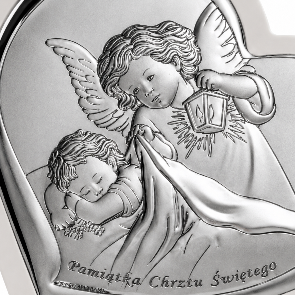 Obrazek na Chrzest – serce z Aniołem Stróżem Beltrami 13×12 cm