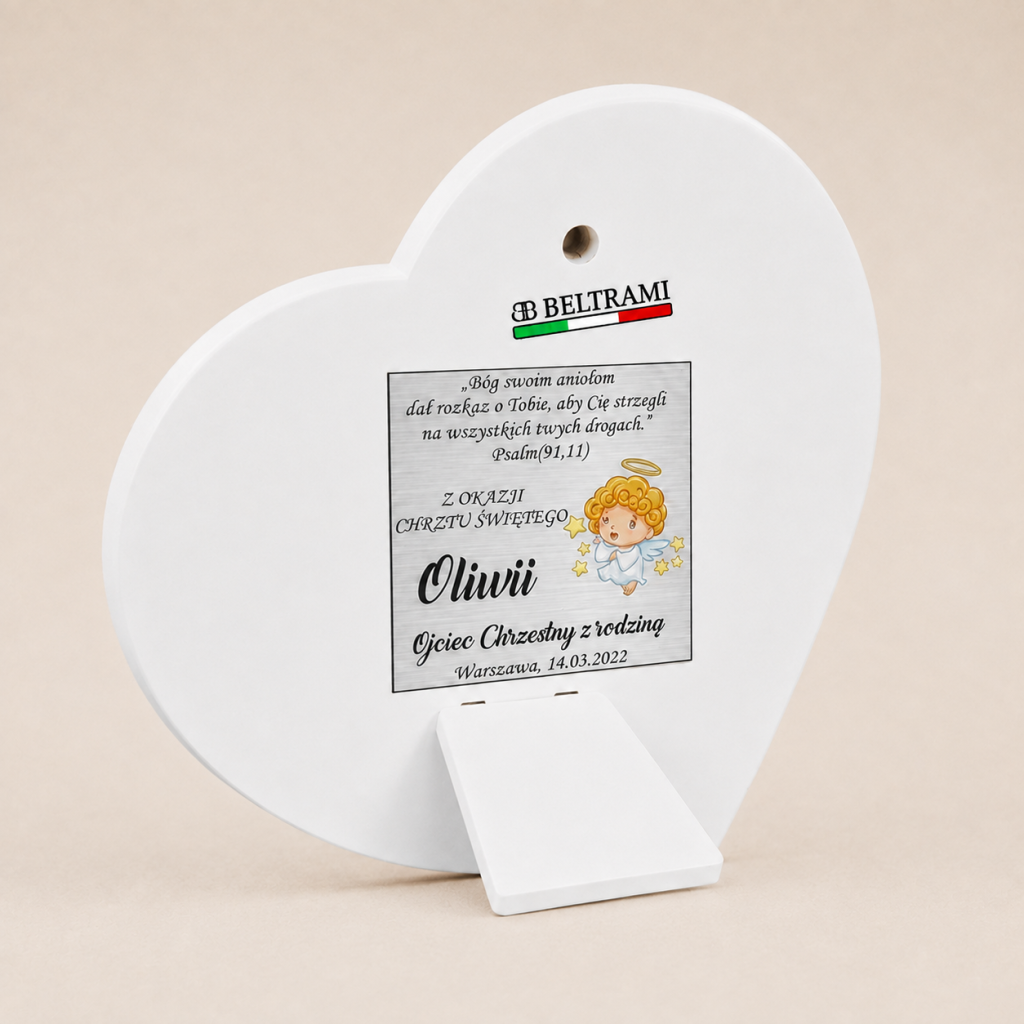 Obrazek na Chrzest – serce z Aniołem Stróżem Beltrami 13×12 cm