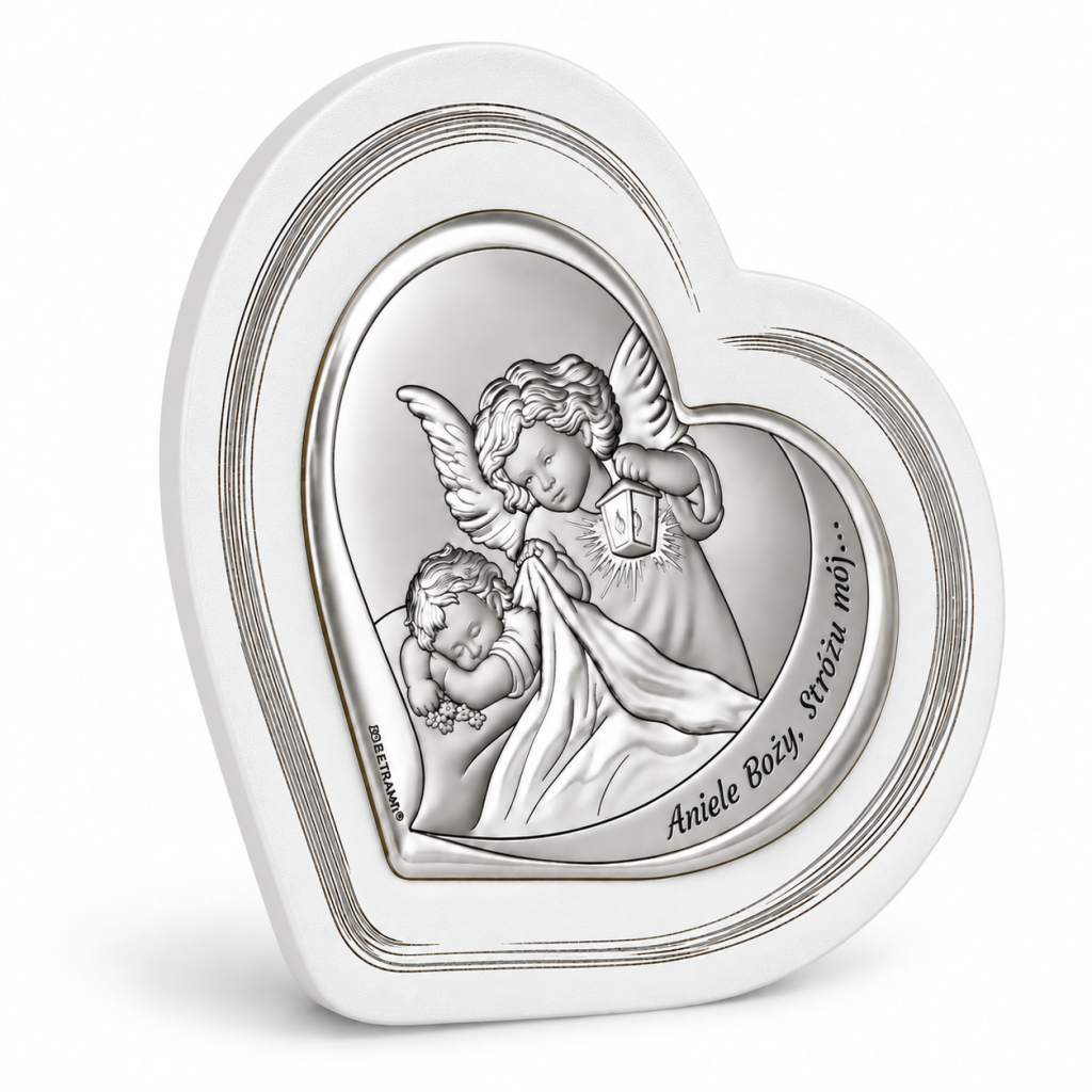 Pamiątka Chrztu 11,4 × 10,6 cm – Srebrne serce „Aniele Boży, Stróżu mój”