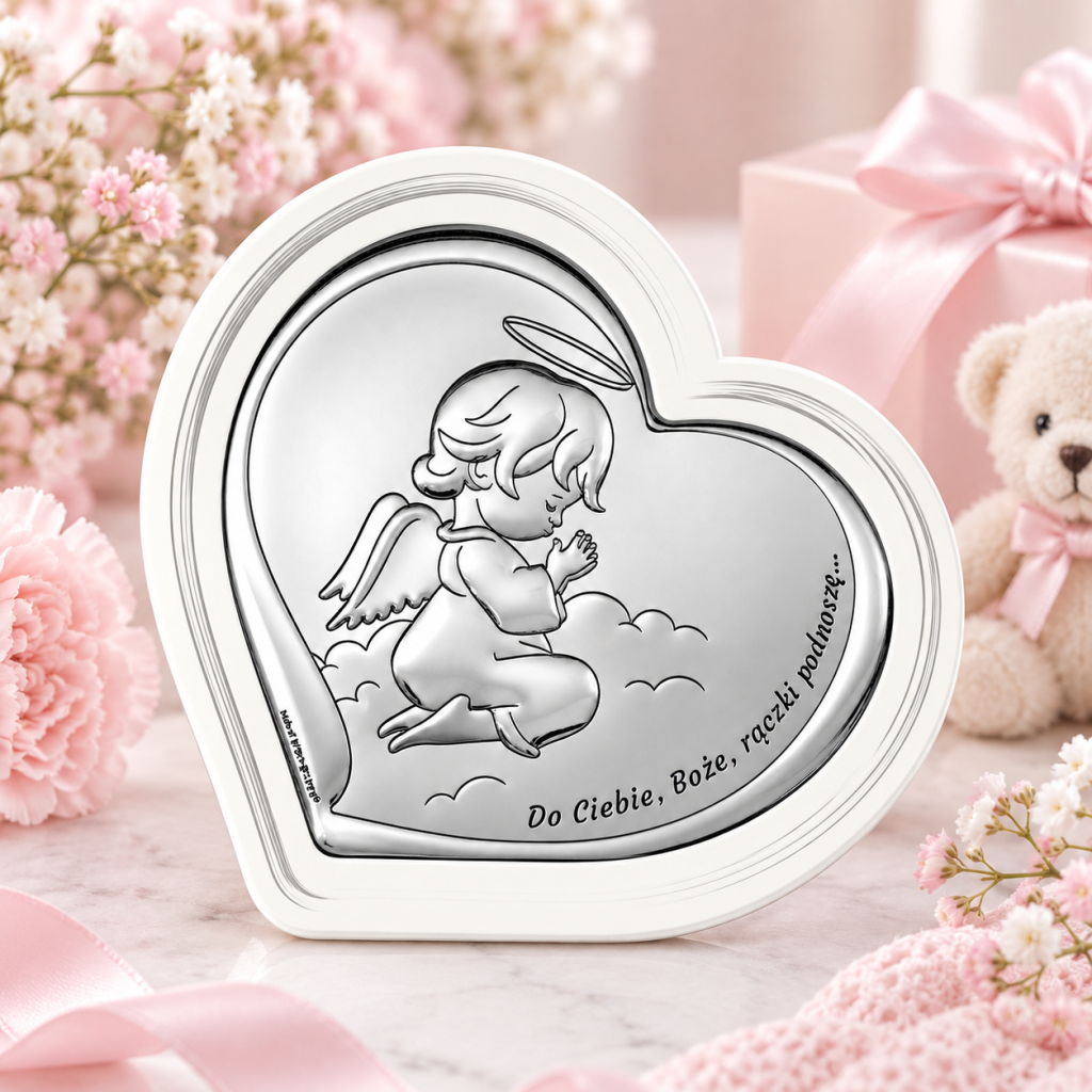 Pamiątka Chrztu 11,5 × 10,5 cm – Serce z modlącym się Aniołkiem
