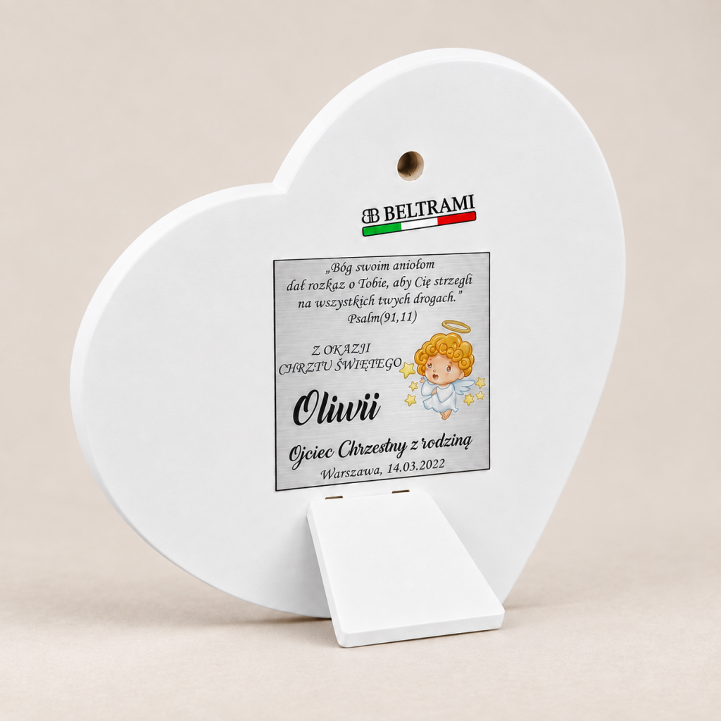 Pamiątka Chrztu 11,5 × 10,5 cm – Serce z modlącym się Aniołkiem