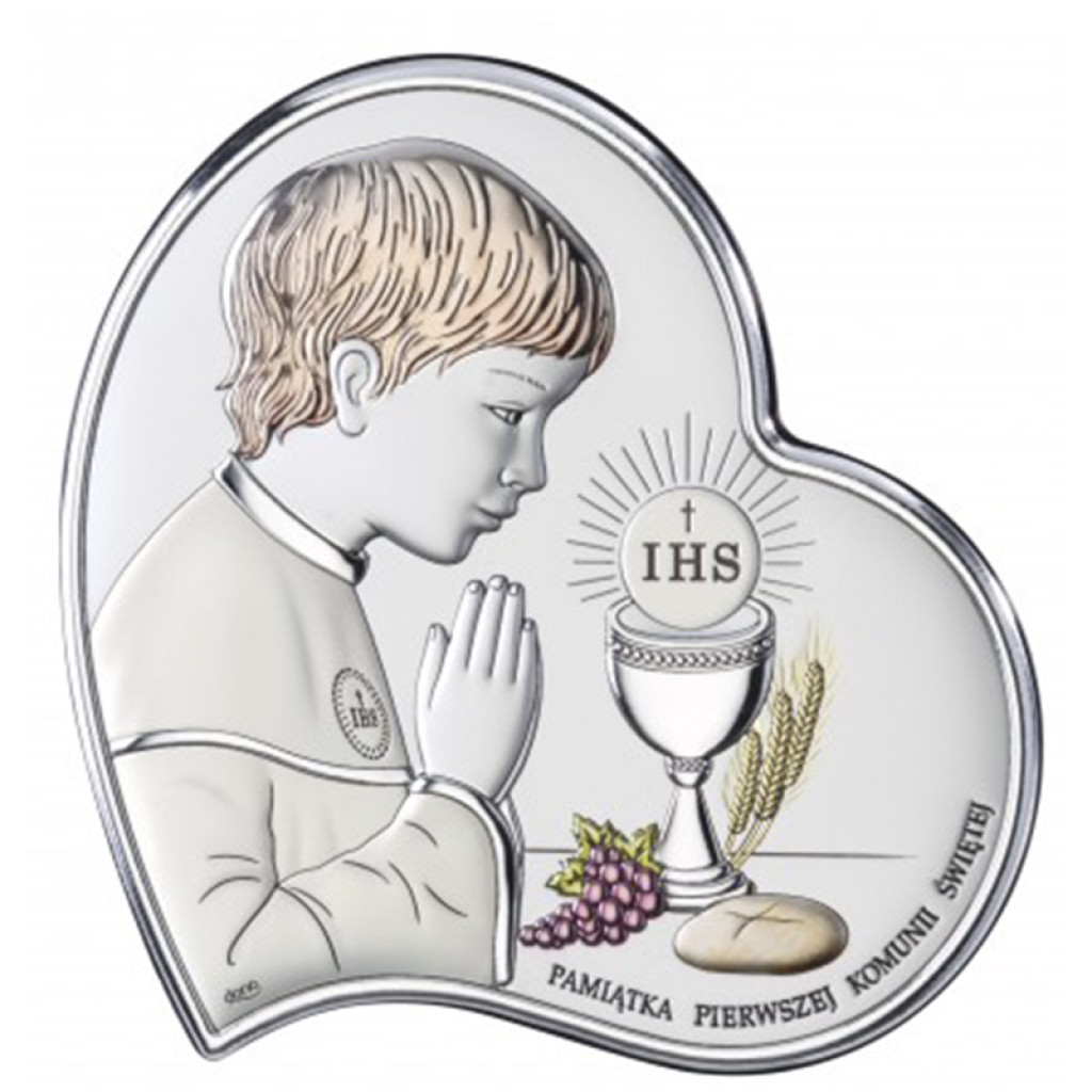 OBRAZEK SREBRNY W KOLORZE SERCE PAMIĄTKA I KOMUNII ŚWIĘTEJ CHŁOPIEC