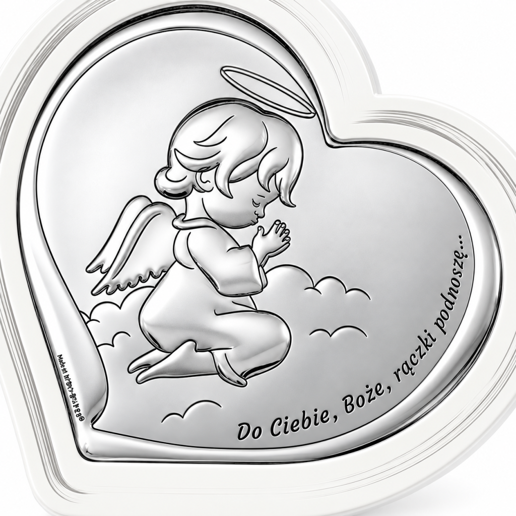 Obrazek na Chrzest 16 × 15 cm – Serce „Do Ciebie, Boże...” z Aniołem Stróżem
