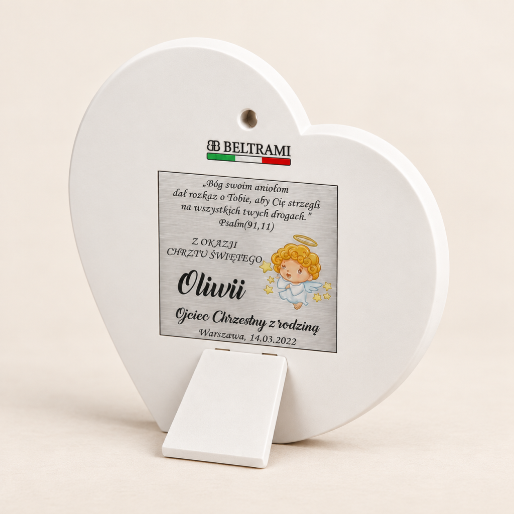 Srebrny obrazek na Chrzest 13,8 × 12 cm – Serce „Aniele Boży, Stróżu mój”