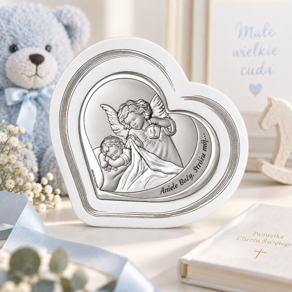 Pamiątka Chrztu 11,4 × 10,6 cm – Srebrne serce „Aniele Boży, Stróżu mój”