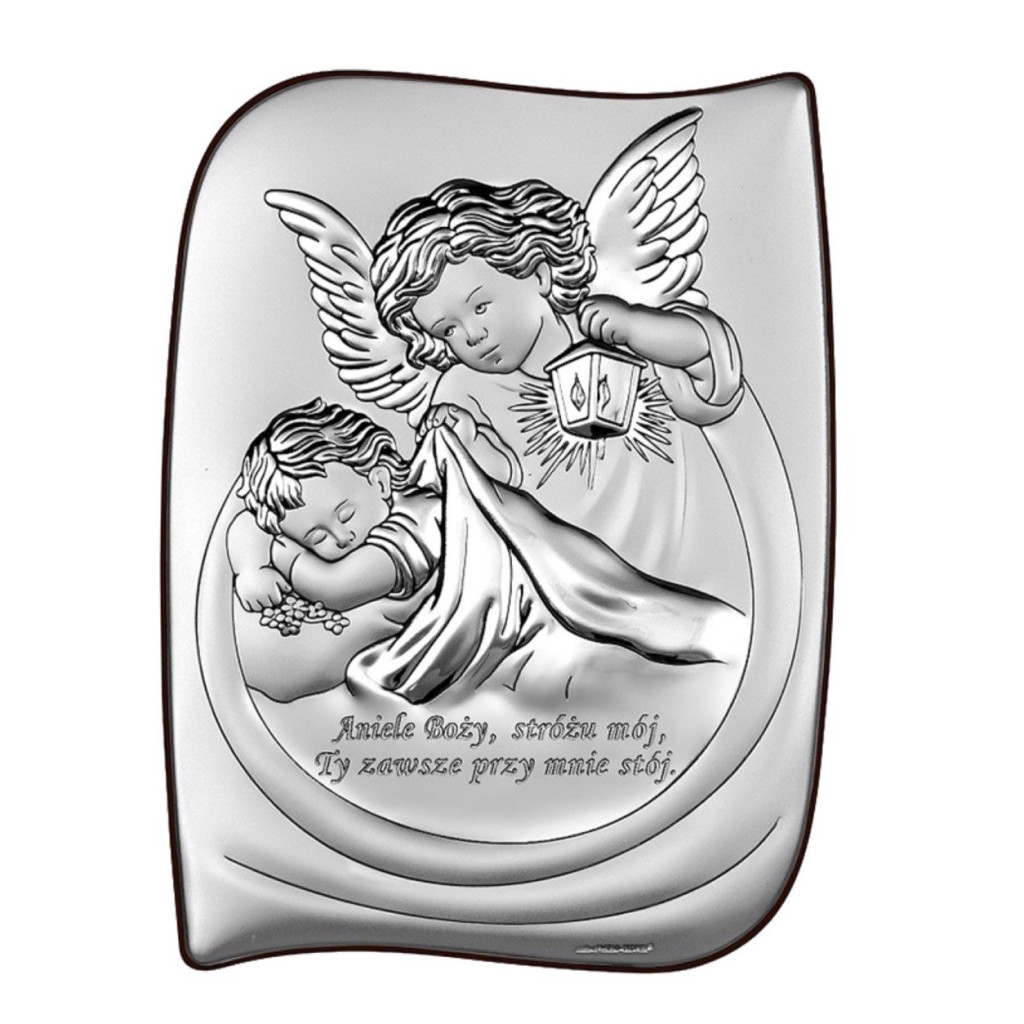 Srebrny obrazek na Chrzest z Aniołem Stróżem Beltrami 7×10 cm