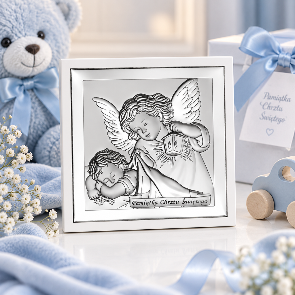 Srebrny obrazek na Chrzest 14 × 14 cm – Anioł Stróż z latarenką