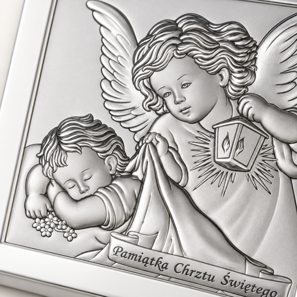 Srebrny obrazek na Chrzest 10 × 10 cm – Anioł Stróż przy śpiącym dziecku