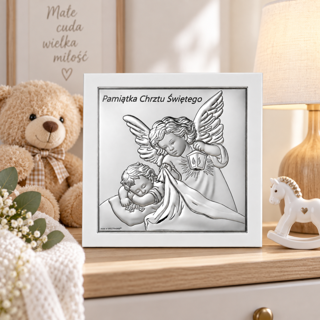 Srebrny obrazek na Chrzest 14 × 14 cm – Anioł Stróż czuwający nad śpiącym dzieckiem