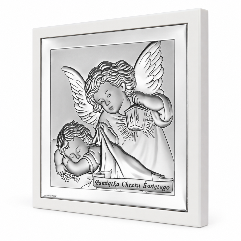 Srebrny obrazek na Chrzest 14 × 14 cm – Anioł Stróż z latarenką