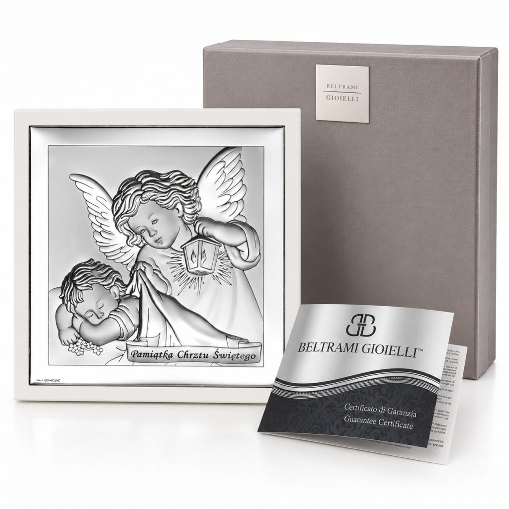 Srebrny obrazek na Chrzest 14 × 14 cm – Anioł Stróż z latarenką