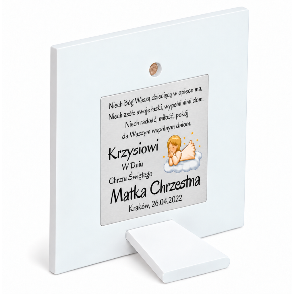 Srebrny obrazek na Chrzest 10 × 10 cm – Anioł Stróż przy śpiącym dziecku