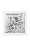 Srebrny obrazek na Chrzest 14 × 14 cm – Anioł Stróż czuwający nad śpiącym dzieckiem
